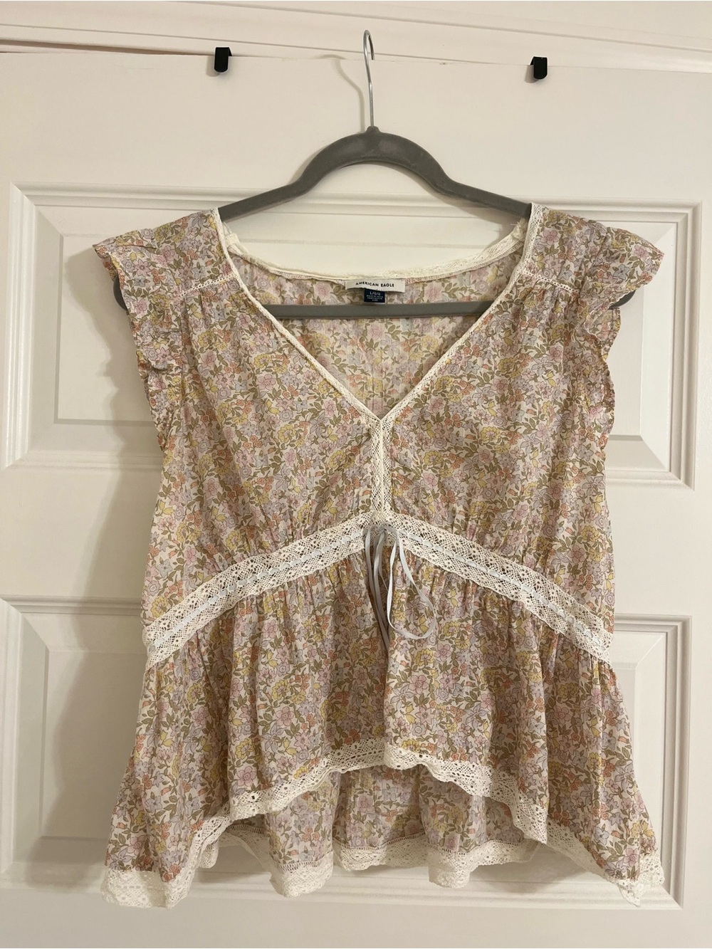American Eagle Outfitters Floral Lace-Trim Cropped Top in Pink and Cream